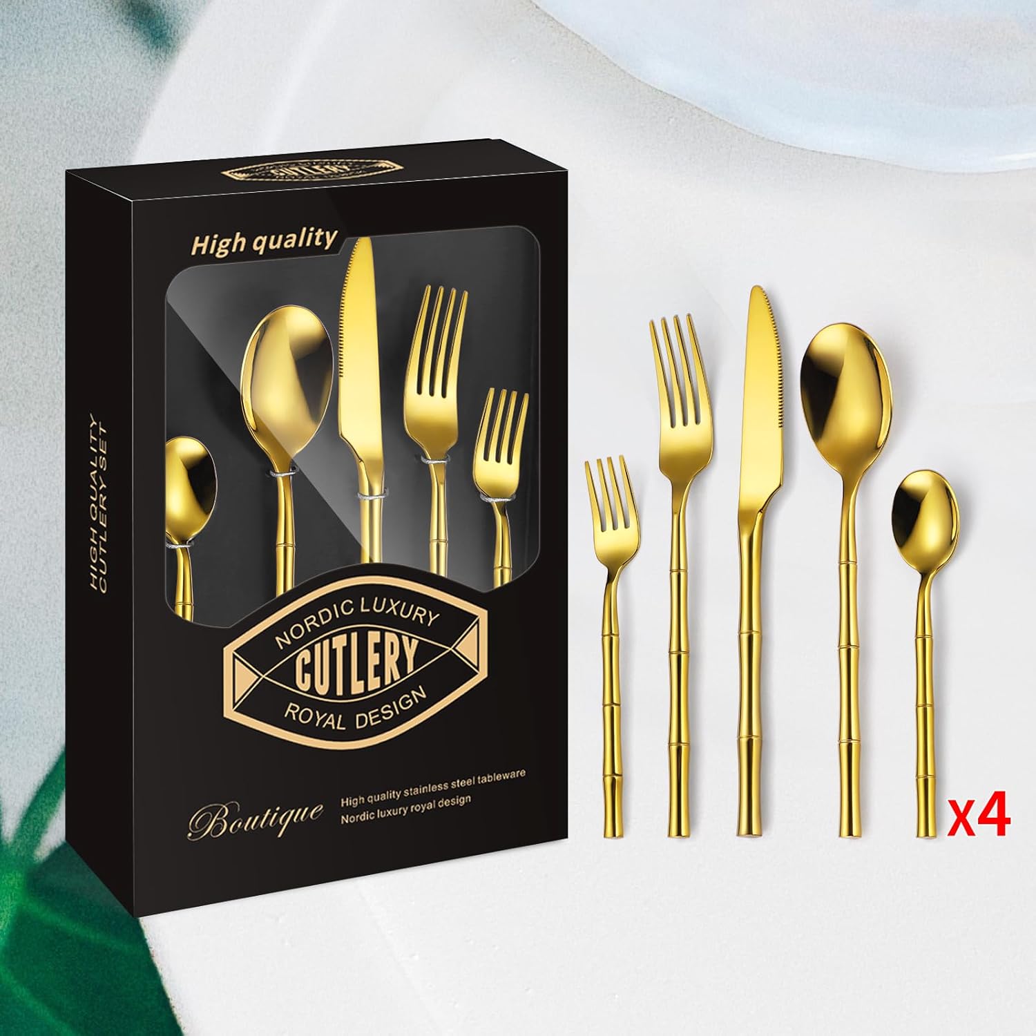 Bamboo Flatware Set Gold Silverware Set Stainless Steel Cutlery Set 20 Pieces with Bamboo Pattern Handle Hand Forged Restaurant Hotel Party Use Wedding Housewarming Gift Service for 4 Shiny Polished