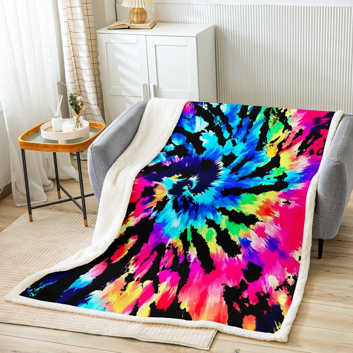 Tie Dye Throw Blanket Twin Boho Exotic Style for Boys Girls Bed - Chic Hippie Theme Spiral Colorful Abstract Swirl Sherpa for Adult Women - Soft
