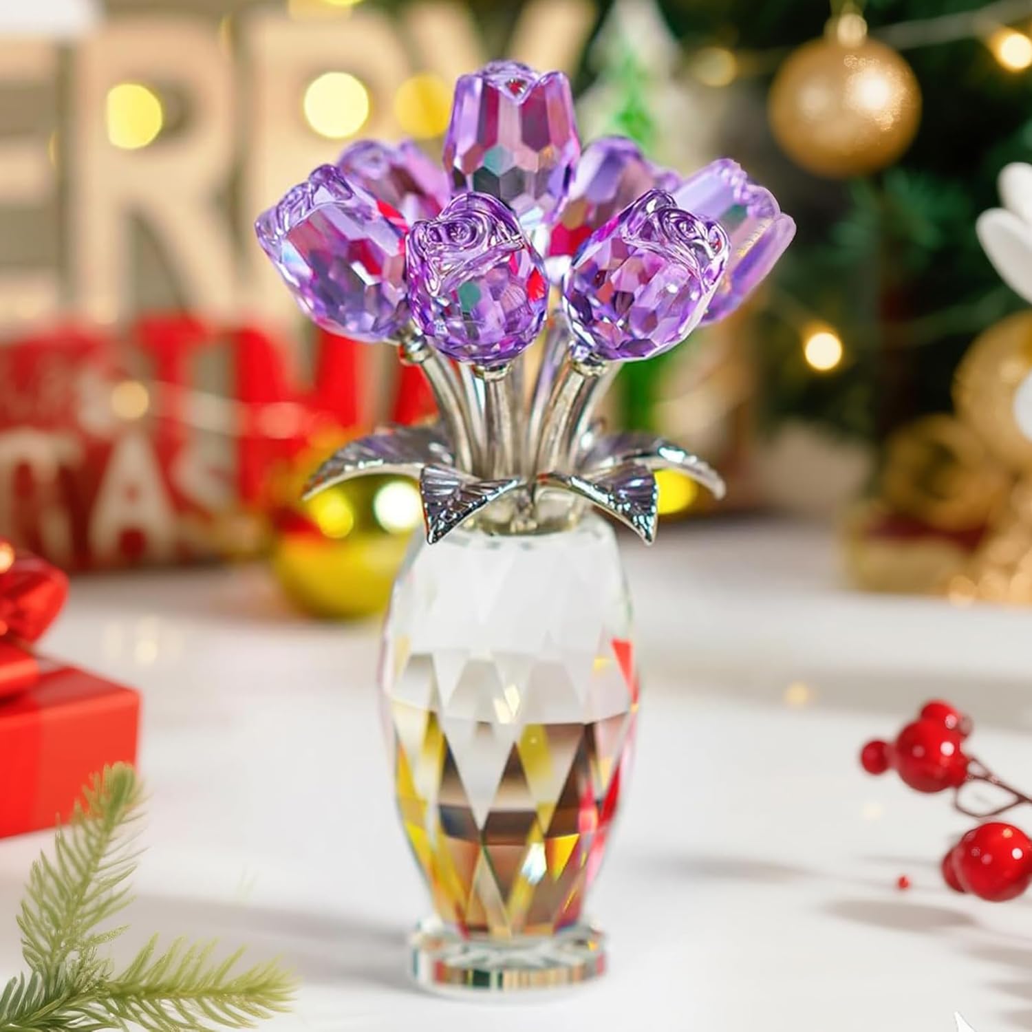 H&D Hyaline&Dora HYALINE & DORA Crystal Rose Purple Flower Figurine,Rose Gifts for Mom Wife Grandma,Glass Flower Collectible Ornament Mother's Day Thanksgiving Anniversary Birthday Gifts