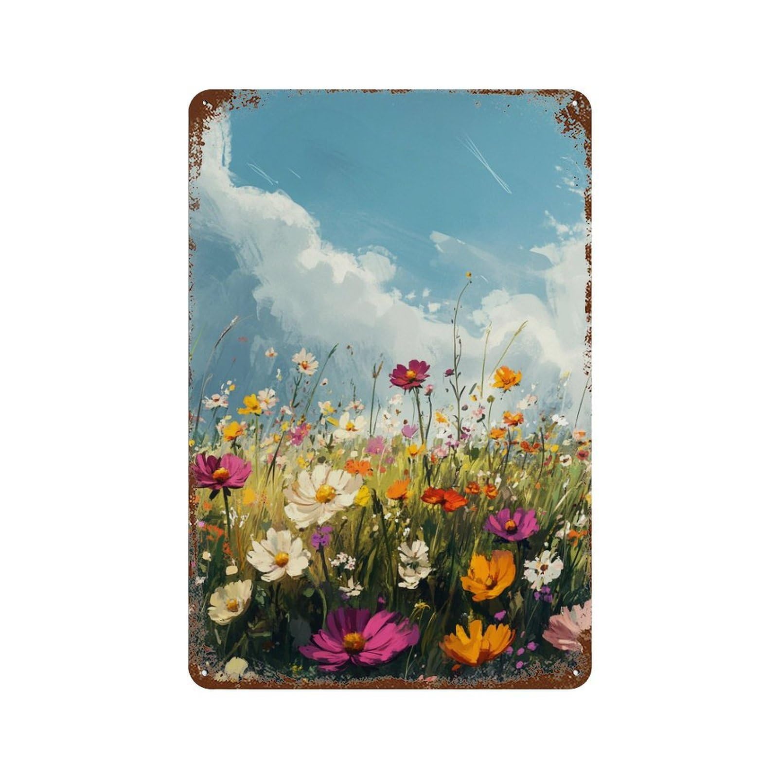 Colorful Wildflower Field Distressed Metal Wall Sign 11.8"x7.9", Shabby Chic Decor for Garage, Pub Or Kitchen