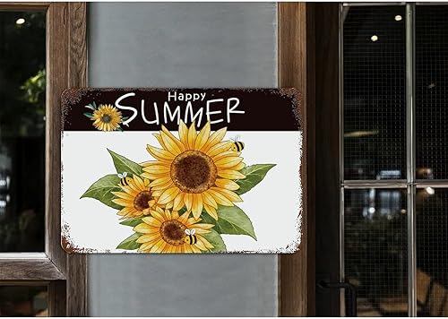 Miniatura 4 de Placa de metal con diseño de girasol y abeja y miel, letrero de metal con texto en inglés «Happy Summer», decoración de casa costera, jardín,