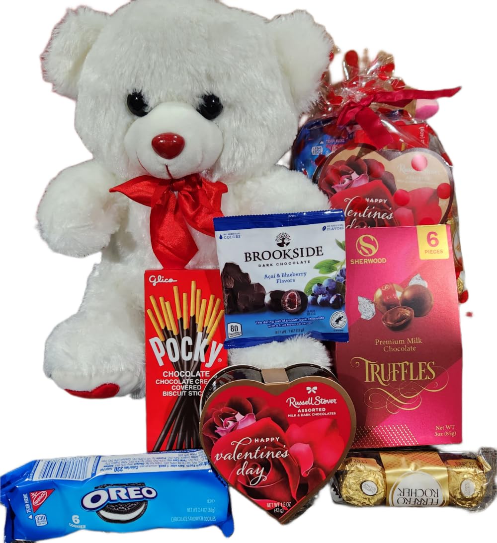 Valentines Day Gift Teddy Bear with Chocolates and Cookies Assortment, 10 Inches (white)
