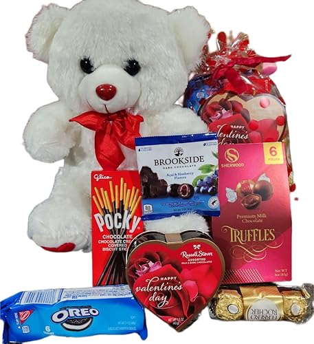 Regalo del día de San Valentín osito de peluche con chocolates y galletas surtido, 10 pulgadas (blanco)