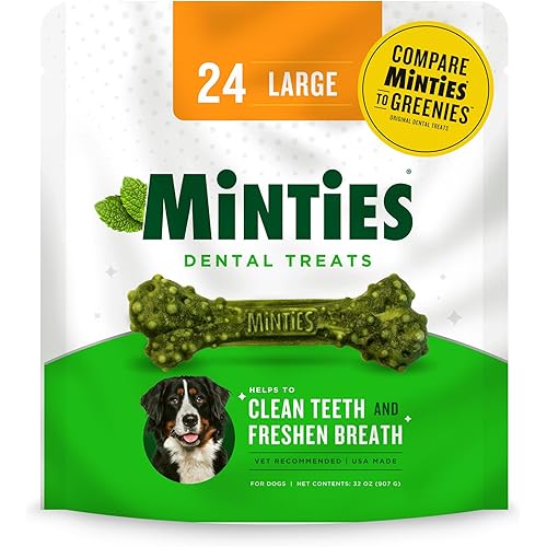 Minties Dental Chews for Dogs, 24 Count, Vet-Recommended Mint-Flavored Dental Treats for Large Dogs Over 50 lbs, Dental Bones Clean Teeth, Fight Bad Breath, and Removes Plaque and Tartar