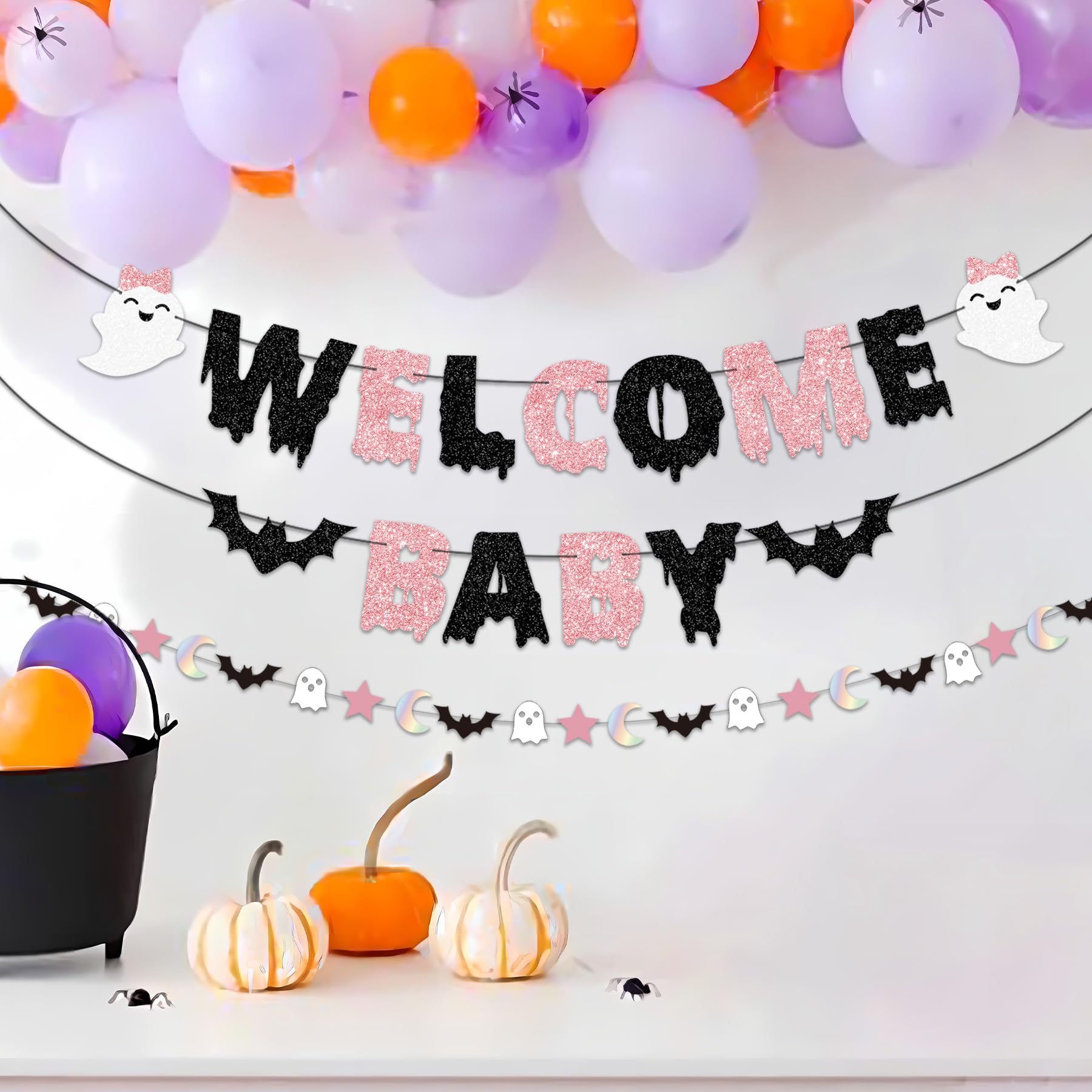 Welcome Baby Halloween Banner - Pink Glitter Ghost Pumpkin Baby Shower Decorations - View #4