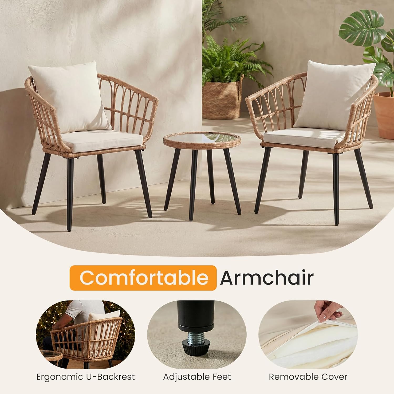 NEWBULIG 3 Piece Patio Bistro Set, Outdoor Wicker Furniture with Adjustable Feet, Rattan Balcony Table & Chairs Set of 2 for Porch, Backyard, Deck, Beige