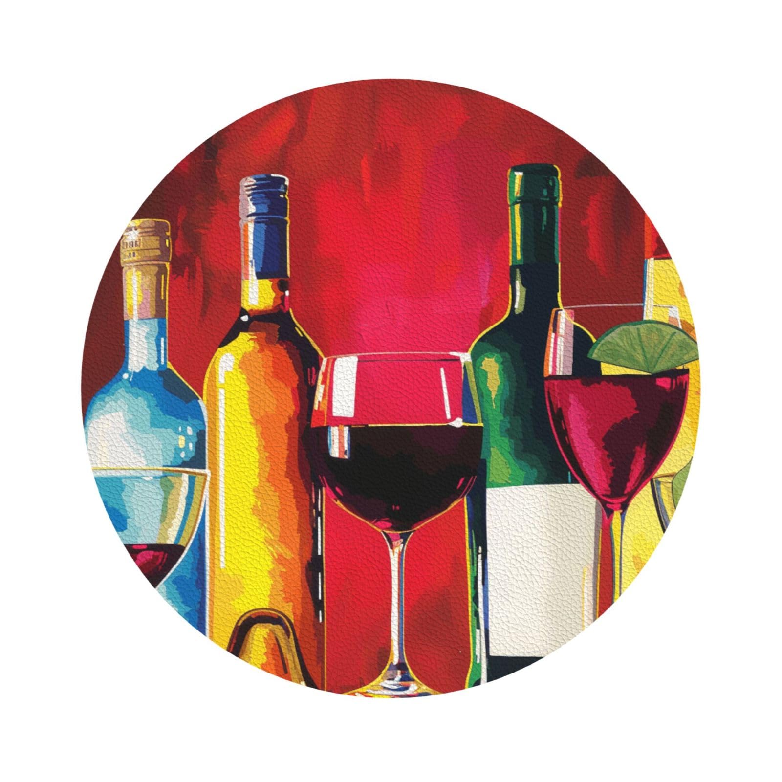 Cocktail Glasses and Wine Bottles Print Leather Coaster Set of 6, Round Shape Coasters Table Decorative Coffee Cup Beverage Coasters Wine Beer Bar Coasters for Hot Drinks Table Protection