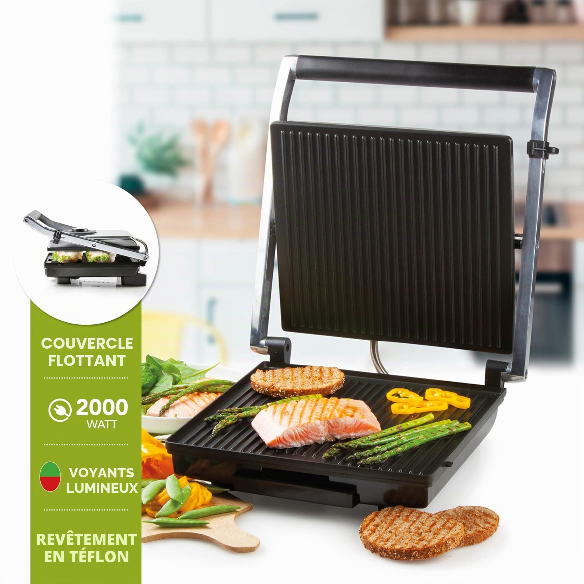 DOMO DO9135G Gril viande et panini – Acier inoxydable – Idéal pour griller paninis, toasts, viande, poisson et légumes – Revêtement antiadhésif en téflon – 2000 W