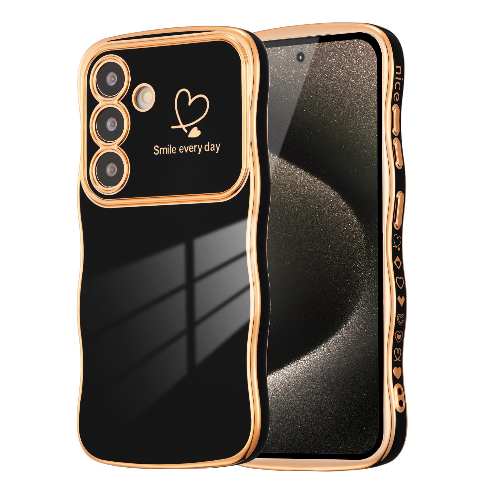 DEFBSC Case for Samsung Galaxy S24 Plus Case, Curly Wave Shape Plating Frame Cute Love Heart Cover for Girls Women, Full Camera Lens Protection Soft