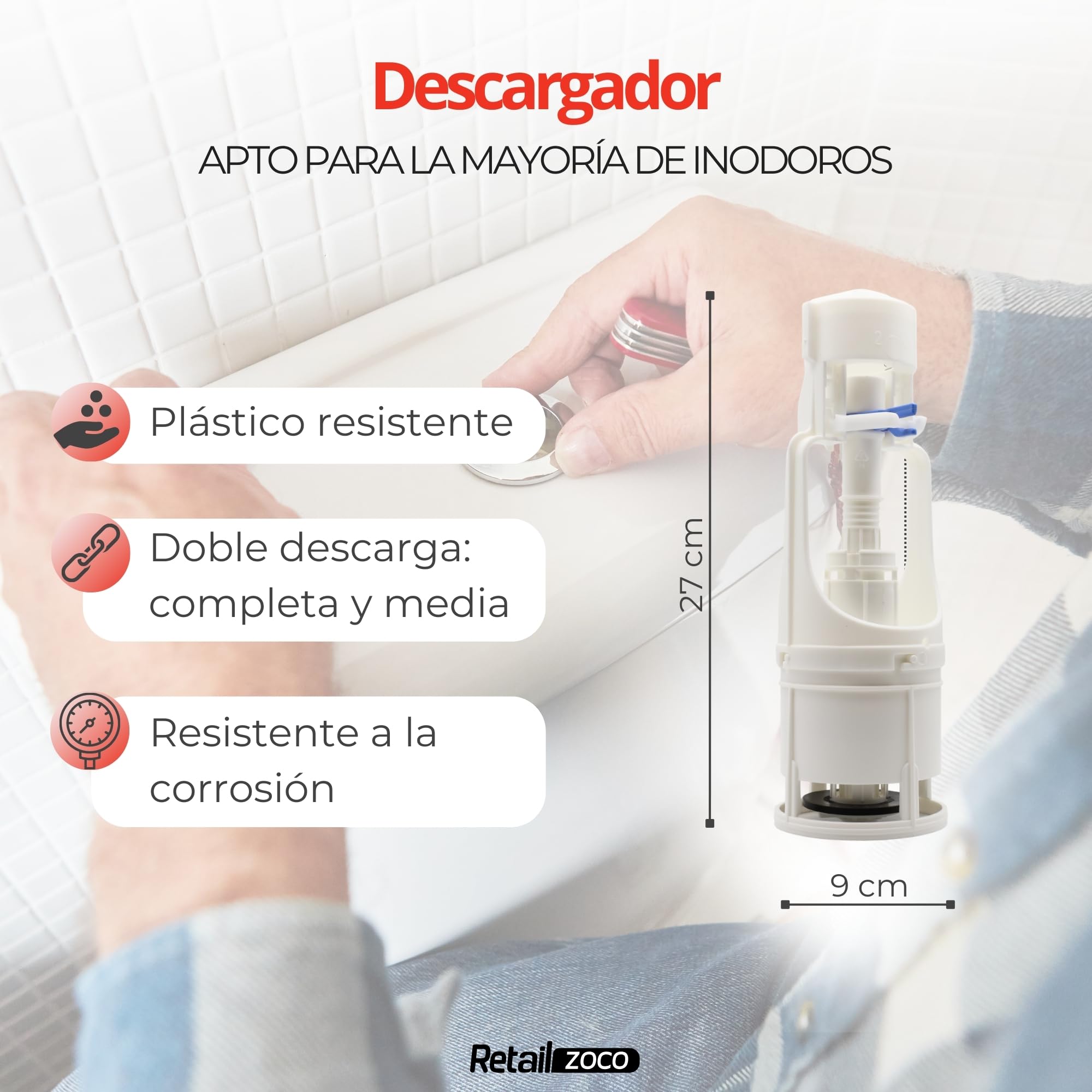 Mecanismo de doble descarga para WC, Válvula Descarga Inodoro, Descargador WC universal, Apto para cualquier tipo de cisterna estándar con doble pulsador 3/6 L de descarga para ahorrar agua - imagen 4