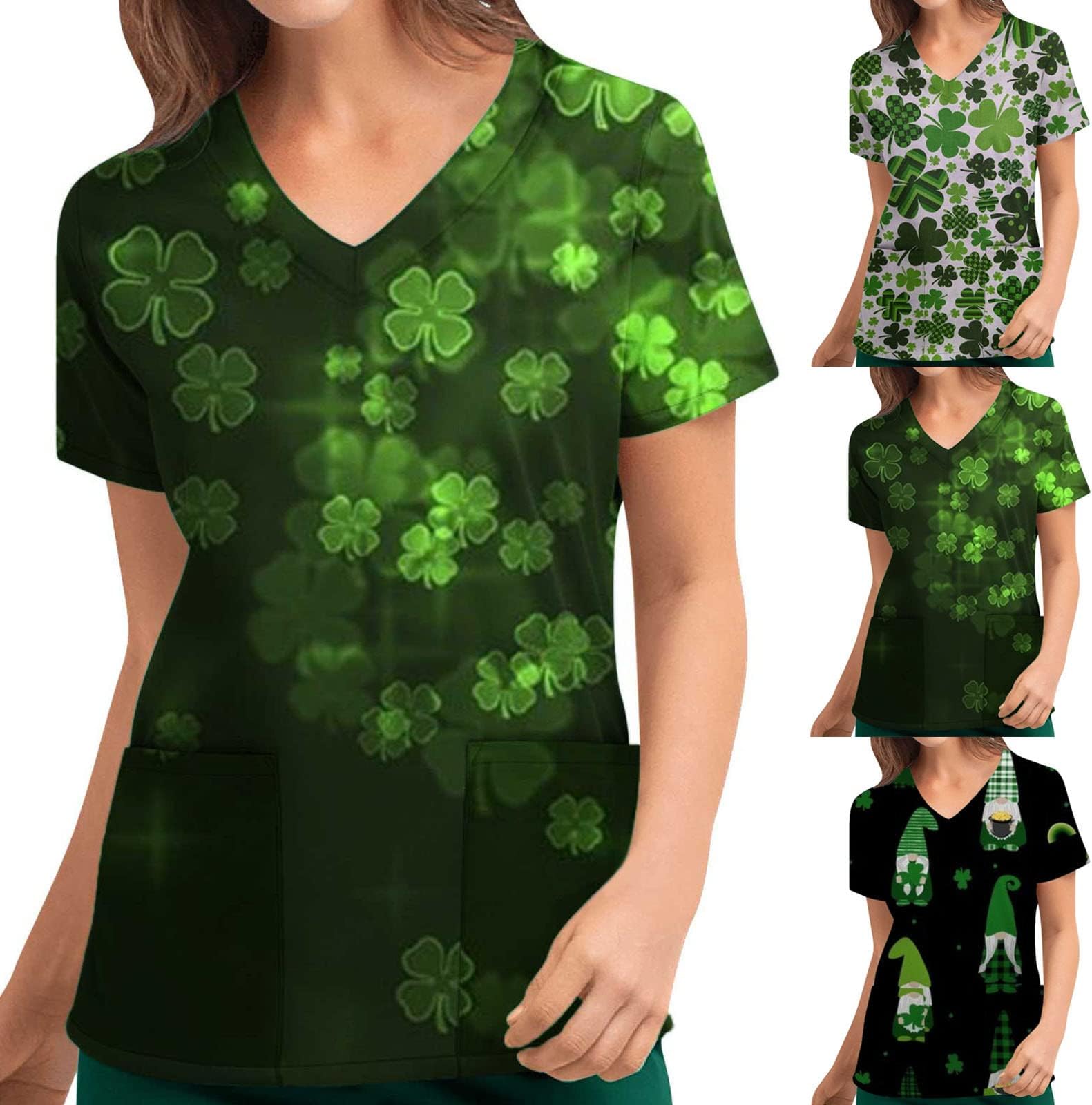 Scrub_Tops for Women, St. Patrick's Day Printed V-Neck Working Uniform Workwear Tops with Pockets