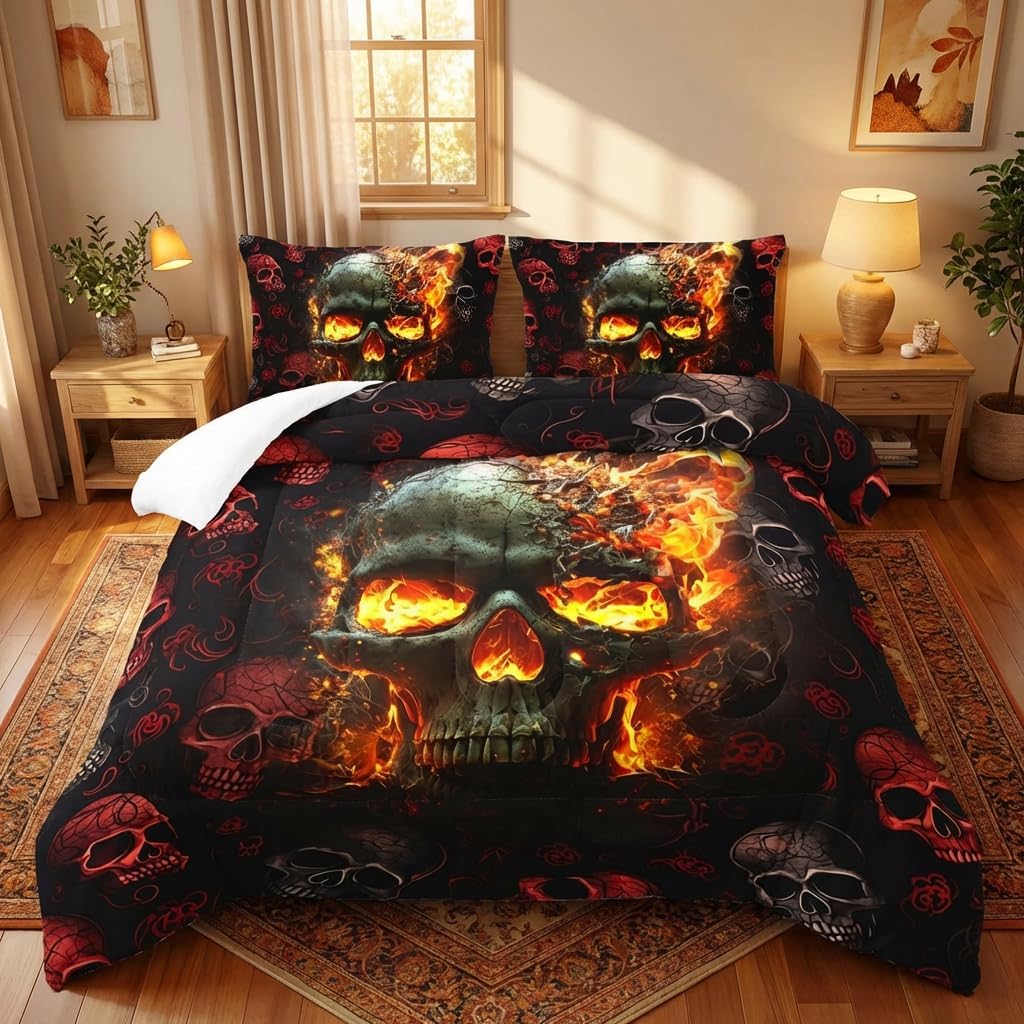 AILONEN Fire Skull Bedding Set Full Size, 3D Skeleton Comforter Set Bedroom Decor Men,Fiery Style Black Tint Soft Breathable Bed in a Bag,3 Pieces,1 Quilt and 2 Pillowcases