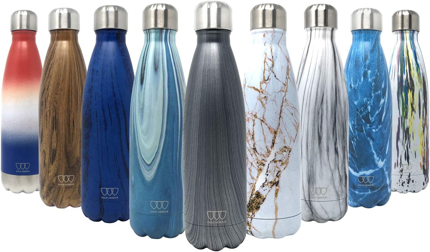 Gold Armour 17oz Stainless Steel Vacuum Insulated Water Bottle, Leak Proof Double Walled Cola Shape Bottle, Keeps Drinks Cold for 24 Hours and Hot for 10 Hours (Pattern: Silver Grain, 17oz)