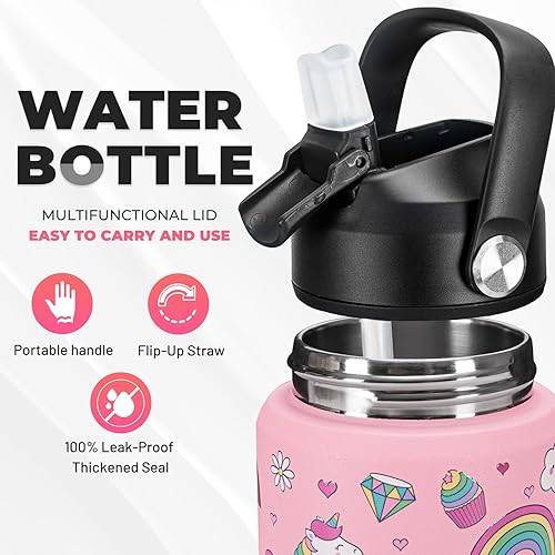 Miniatura 9 de Charcy Botella de agua aislada de 12 onzas con pajilla, botella de agua deportiva con boca ancha, taza térmica de viaje a prueba de fugas, unicornio