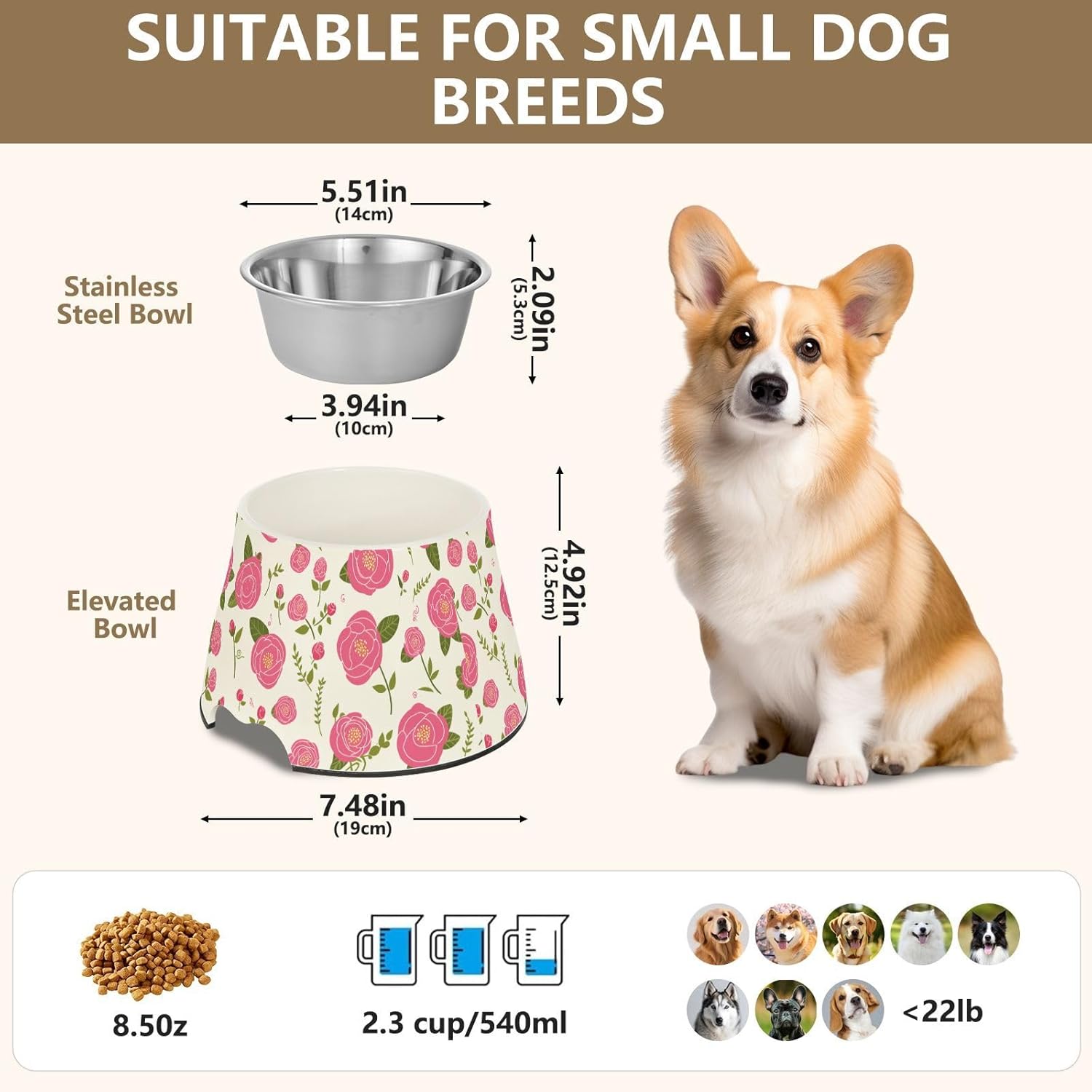 Simple Spring Rose Peach Raised Pets Food Bowls Non Skid Stainless Steel Cats Basic Bowls for Small Dogs Slow Down Eating