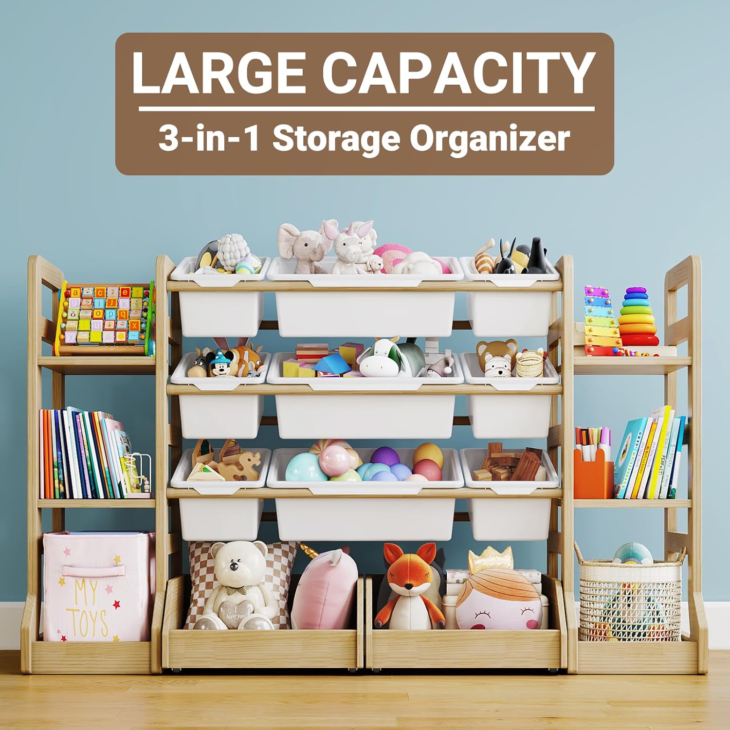 Toy Storage Organizer with Bookshelf, Kids Toys Shelf Box with 6 Shelves 9 Bins and 2 Movable Wheeled Drawers, Extended Base Designed Bookcase for Playroom Organization Kids Room Nursery Bedroom Decor