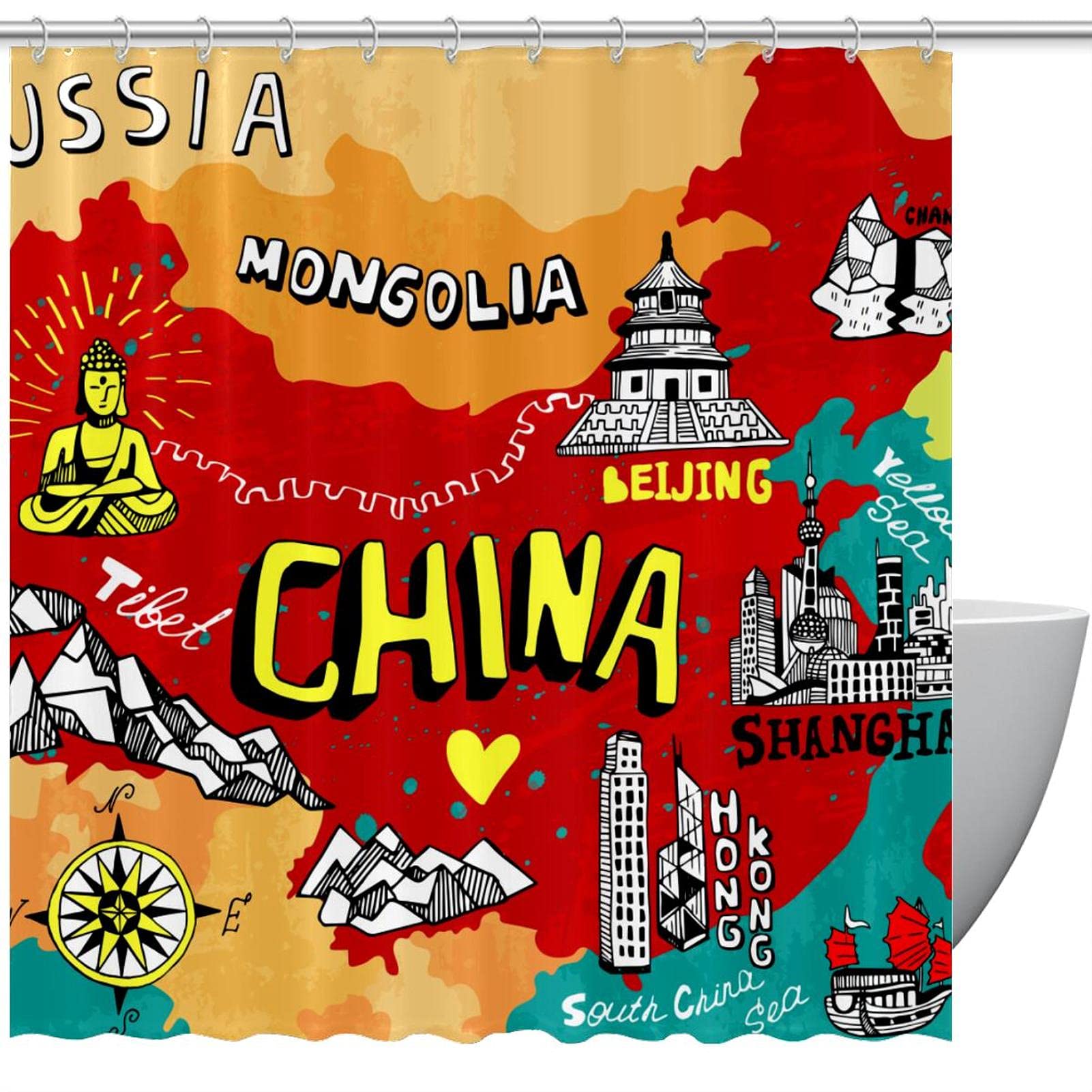 Rideau de douche carte de Chine 182x182 cm pour salle de bain