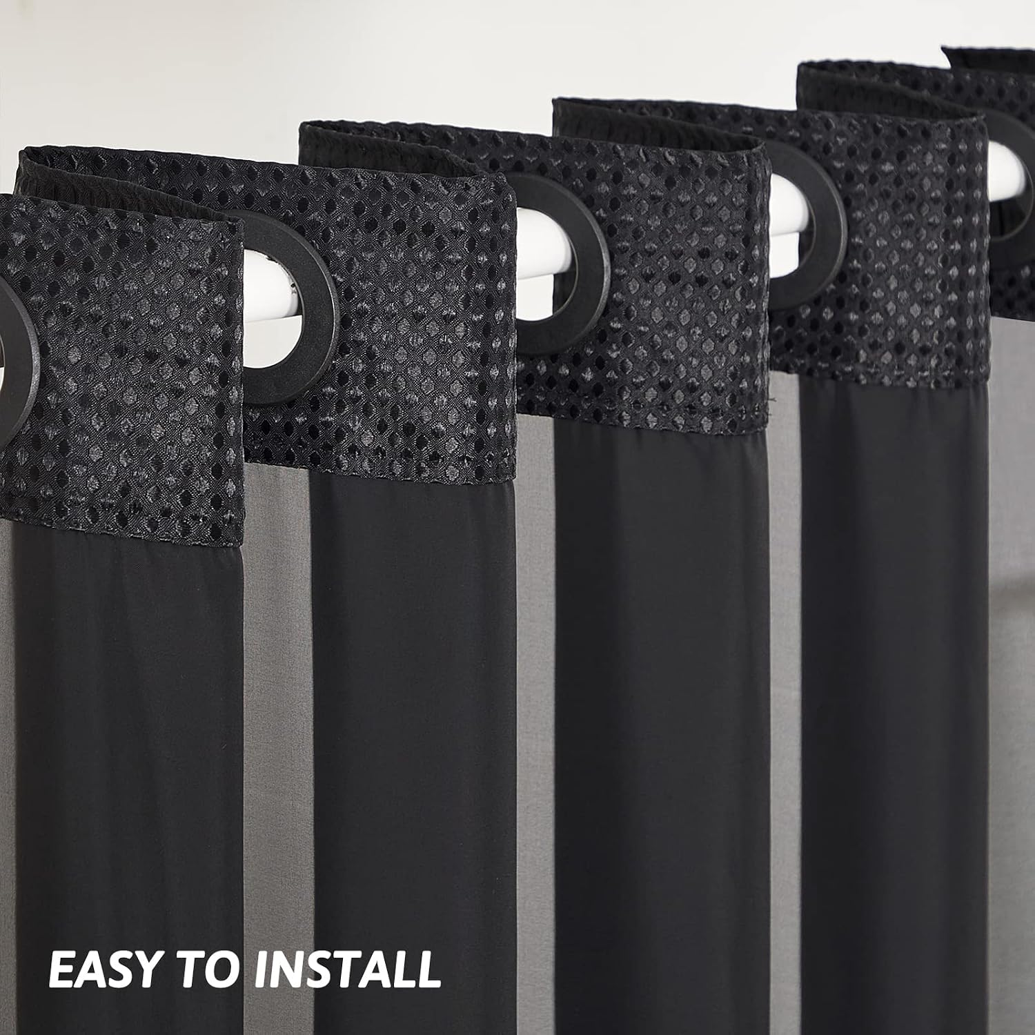 Furlinic Shower Curtain Hookless Black Jacquard Waffle Fabric 96inch Extra Long Weighted Anti Mould with White Polyester Snap in Liner and Mesh Curtains for Bathroom and Bathtub-71x96 - Image 4