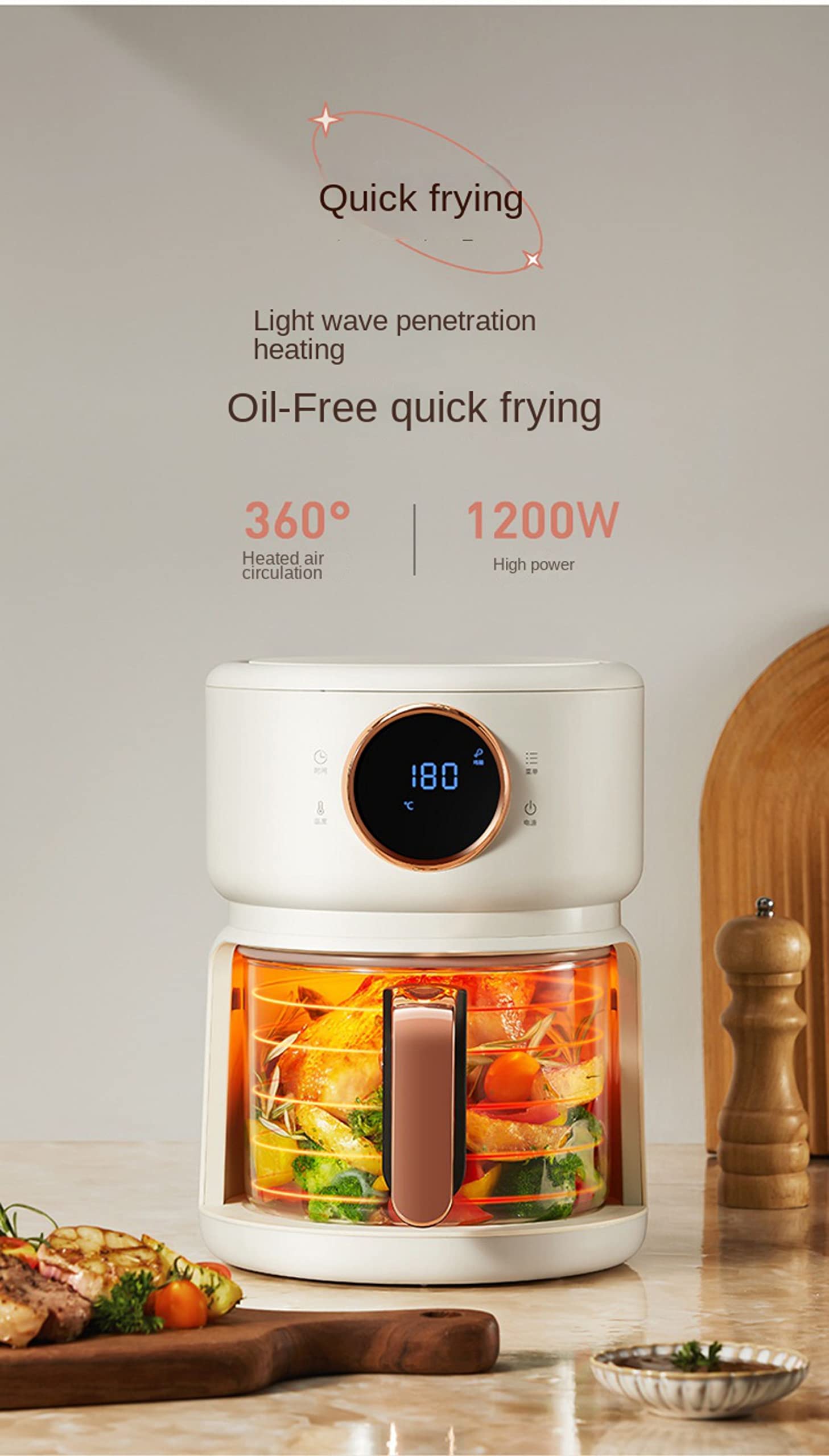Frytownice powietrzne 4 l 1200 W Szybki obieg powietrza Maks. 200 ℃ Timery Kompaktowe frytkownice Piekarnik Nieprzywierająca z ustawieniem Frytownica bezolejowa Cicha praca