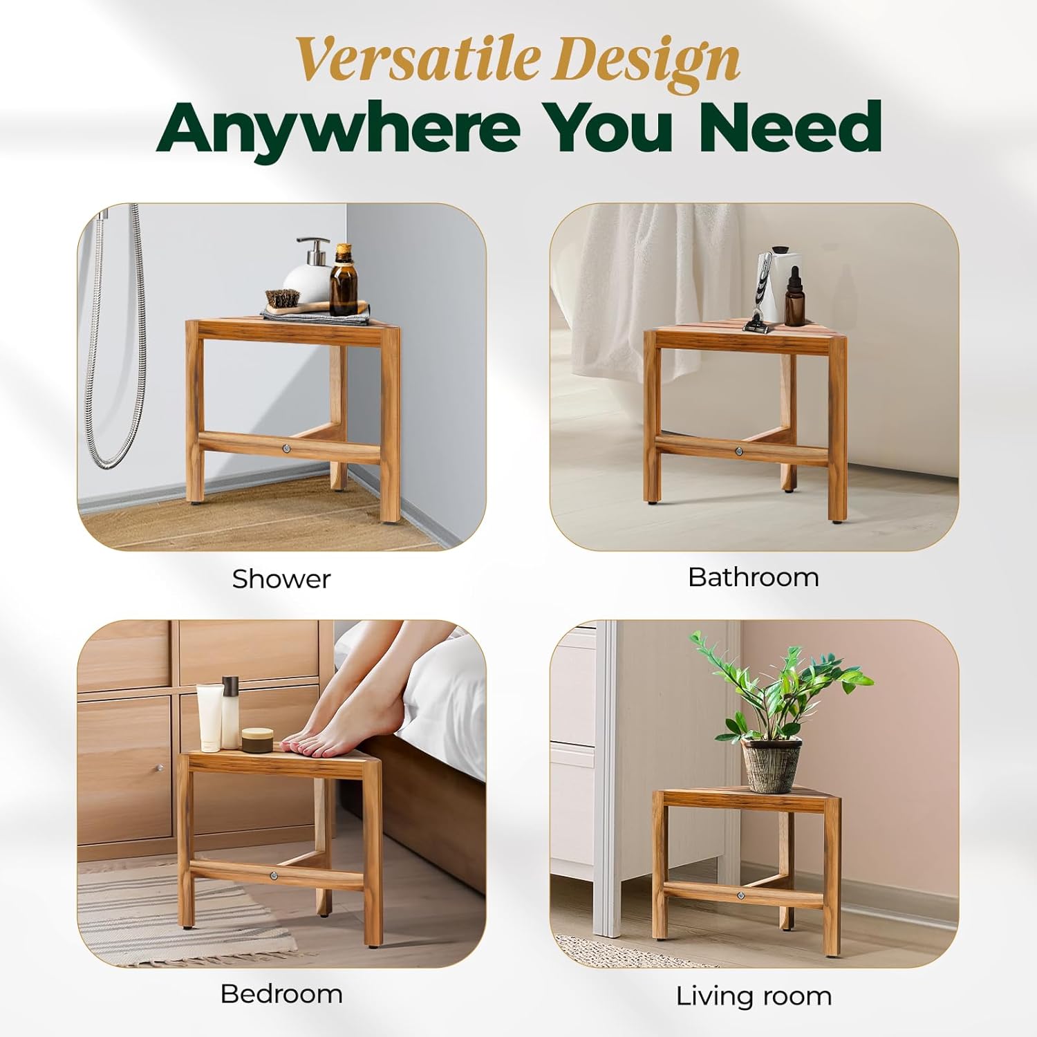 Bme Shower Foot Rest for Shaving Legs, Multifunction Teak Corner Shower Shelf, Easy Install Bathroom Corner Shelf with Anti-Rust Hardware & Adjustable Leveler, Space-Saving & Easy Maintenance