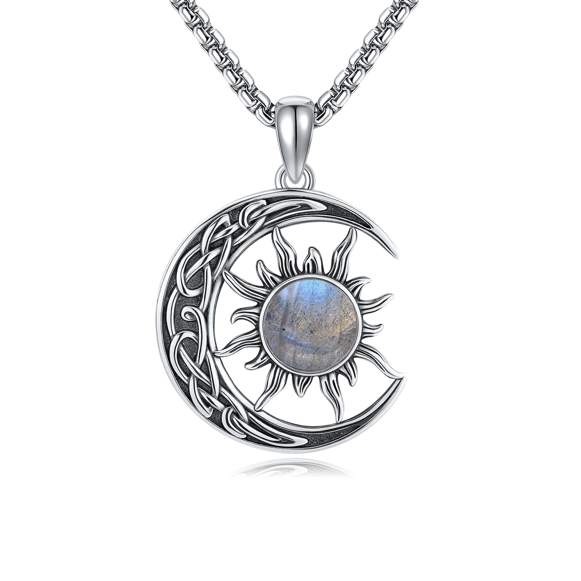 Sonne und Mond Halskette 925 Sterling Silber Labradorit Keltischer Planet Anhänger Halskette Schmuck für Damen
