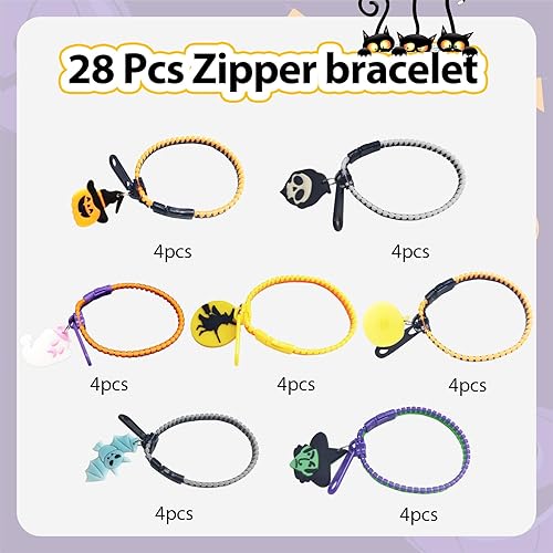 Miniatura 5 de Pulseras con cremallera para fiestas de Halloween para niños, paquete de 28 pulseras con cremallera de Halloween que brillan en la oscuridad para