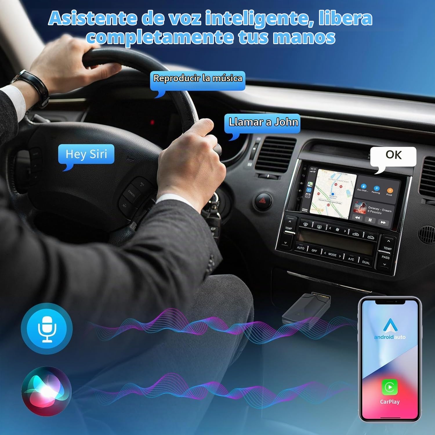Adaptador Inalámbrico 2 en 1 para CarPlay y Android Auto, Convierte Conexión por Cable a Inalámbrica, Fácil de Conectar y Usar, USB C/A, Mini y Estable, Compatible con iOS 10+ y Android 11+