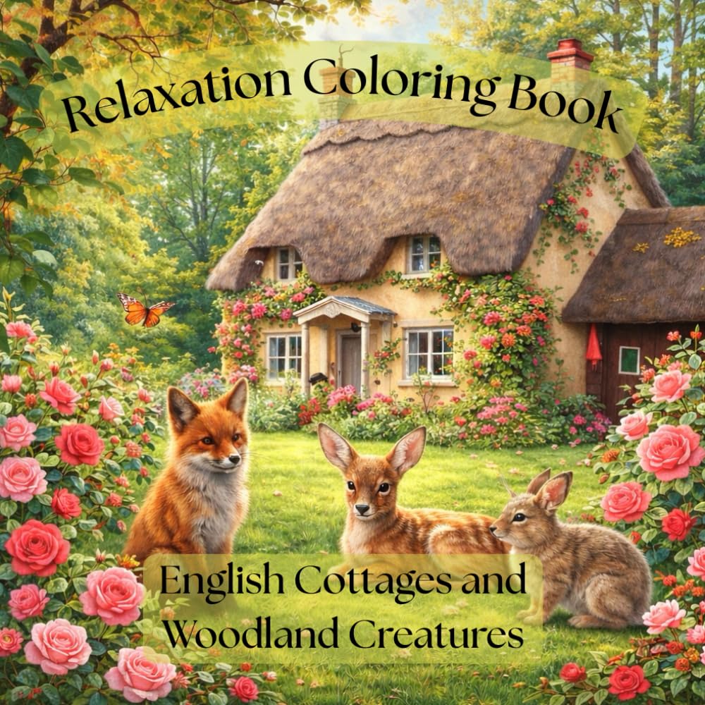 Relaxation Coloring Book: English Cottages and Woodland Creatures