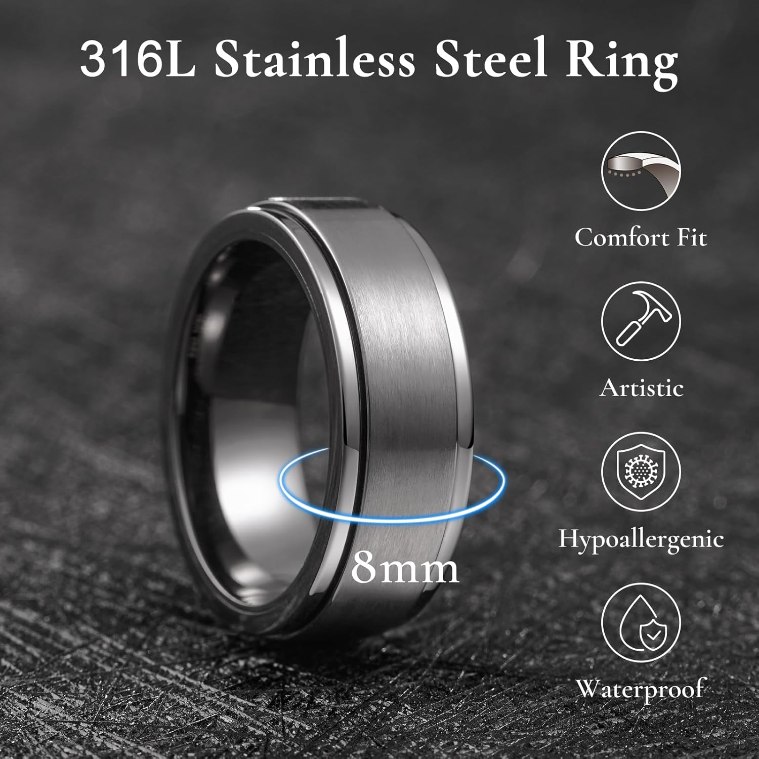 King Will 316L Stainless Steel Spinner Ring for Men Women-8mm Black/Silver/Gold Stress Anxiety Relief Fidget Ring Multiple Styles Wedding Band Comfort Fit Size 4-16