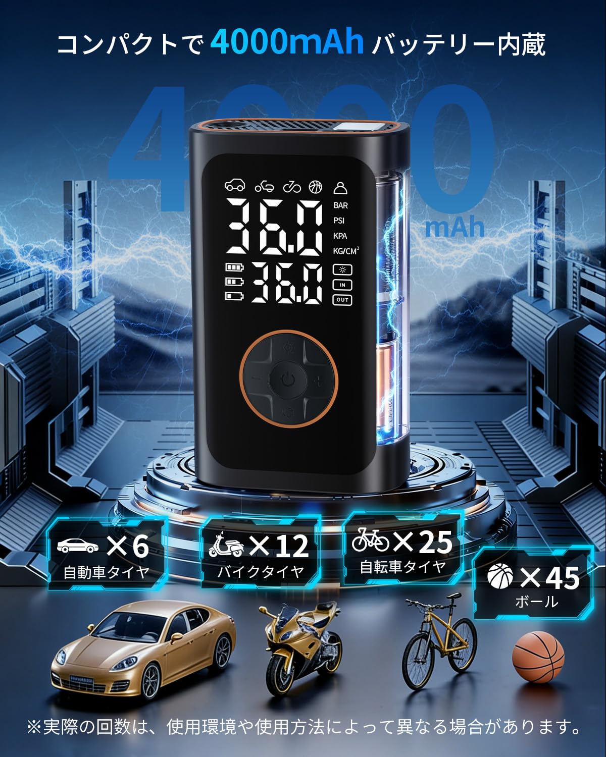電動空気入れ 全バルブ対応 自動車/バイク/自転車用 大容量バッテリー USB-C充電 4000ｍAh モバイルバッテリー機能 米/仏/英式バルブ対応 LEDライト付き 自動停止 モバイルコンプレッサー PSE認証すみ - 4