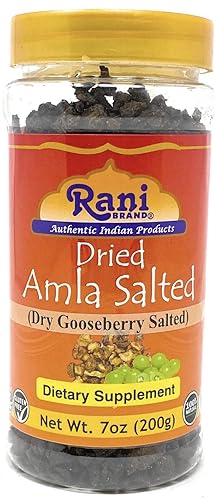 Rani Dry Amla Salted (grosella seca salada) 7oz (200g) Tarro PET Todo natural Sin color, Apto para gluten, vegano, sin OMG, sin sal ni rellenos,