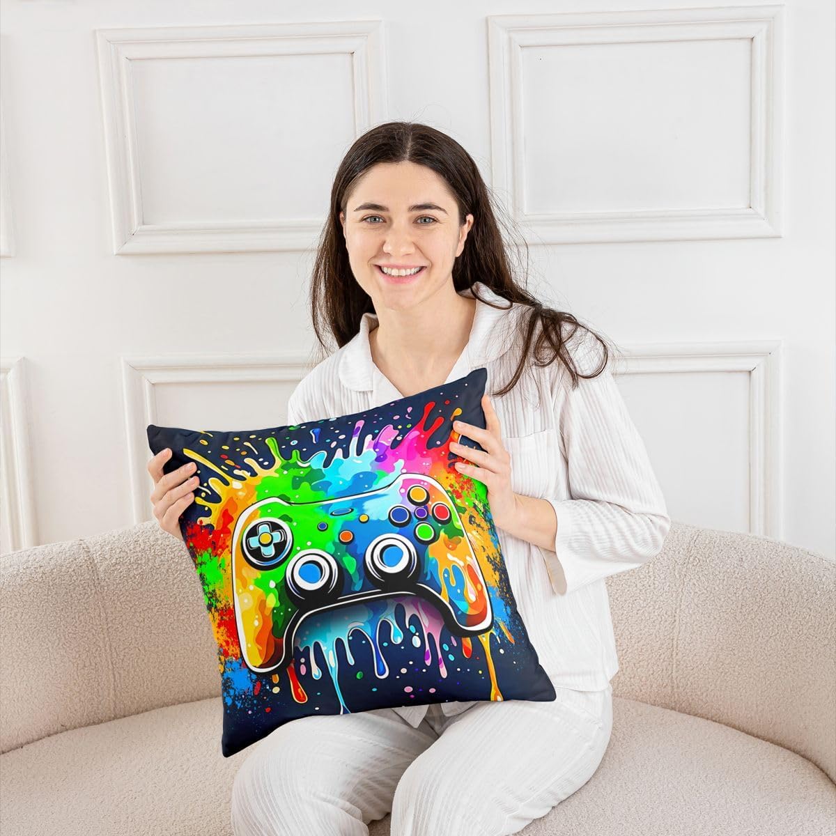 Castle Fairy Gamepad Kids Throw Pillow Cover,Hippie Console Rainbow Controller Double Sides Pillow Case,Video Game Tie Dye Gaming Home Decor,Colorful Bed Couch Sofa Cushion Cover,4 Pack 16"x16" image 5
