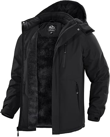 Pudolla Mens Winter Ski Snow Jacket Waterproof Warm Fleece Work Outwear Thermal Parka Raincoat with Detachable Hood