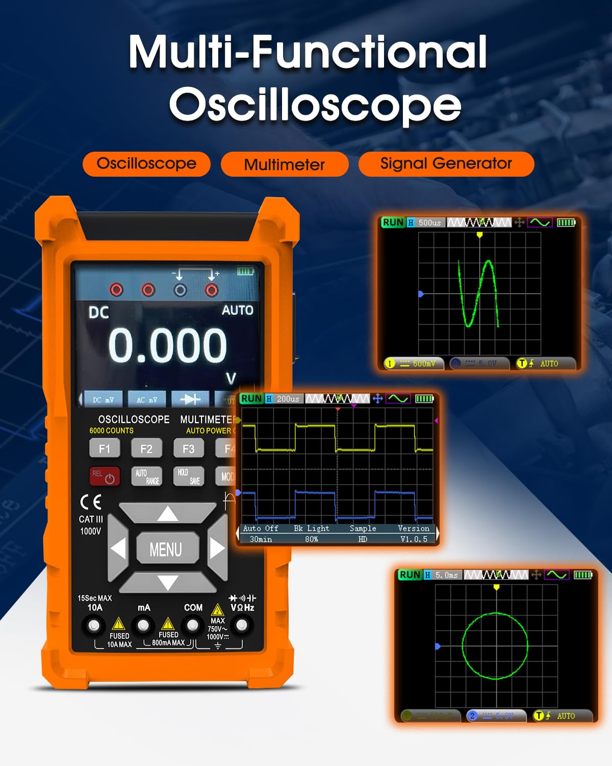 Oszilloskop 2 Kanal, 50MHz Bandbreite 280 MSa/s, Multimeter TRMS 6000 Count, Signalgenerator 13 Signalwellenformen, Automotive Oscilloscope für Heimwerker, Heimgebrauch, Kfz-Reparatur