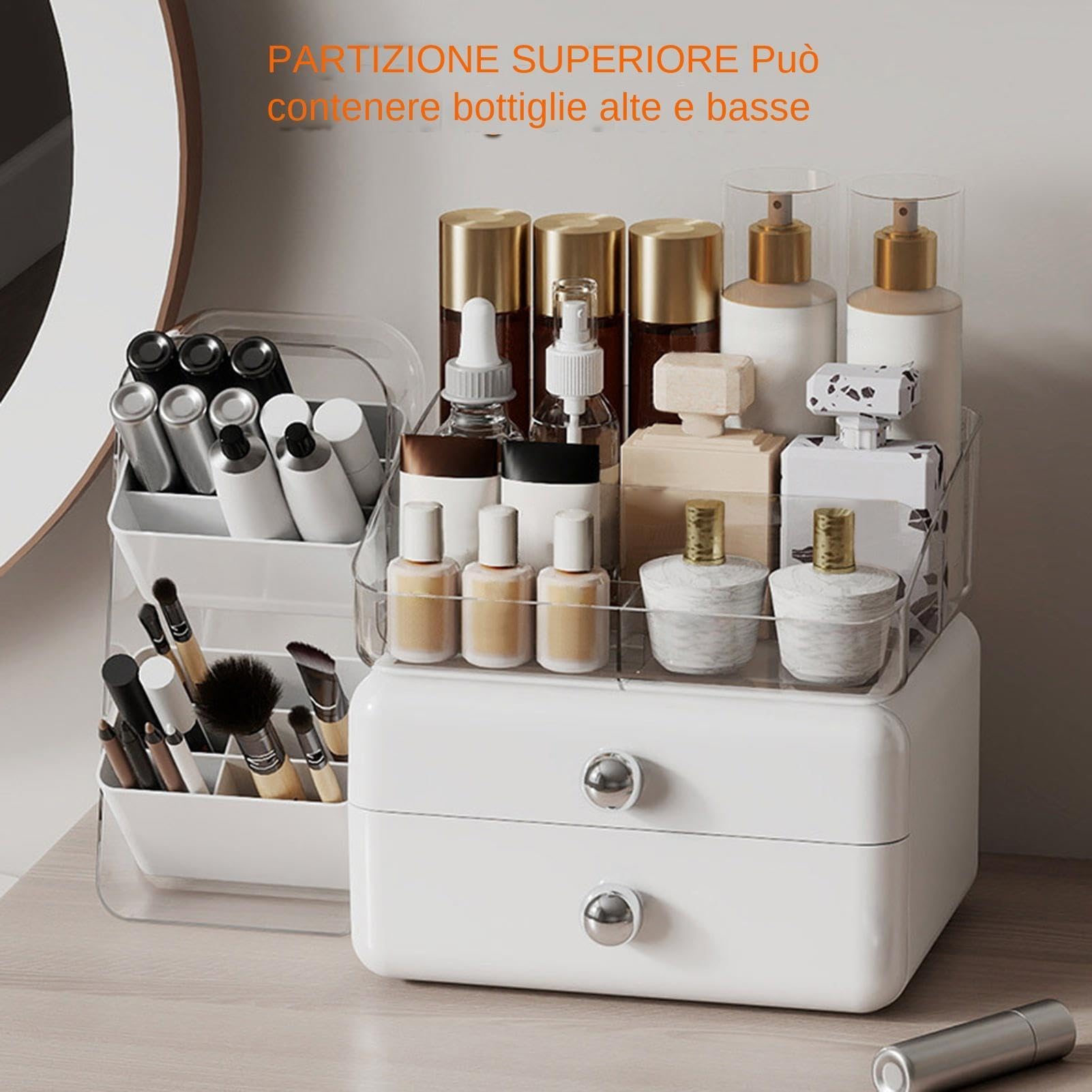 Organizer Trucco da Toeletta Espositore Grande con Cassetti | Organizer per trucco con portaspazzole per Piano Cucina, Bagno, Comodino, Dispensa, Scaffale