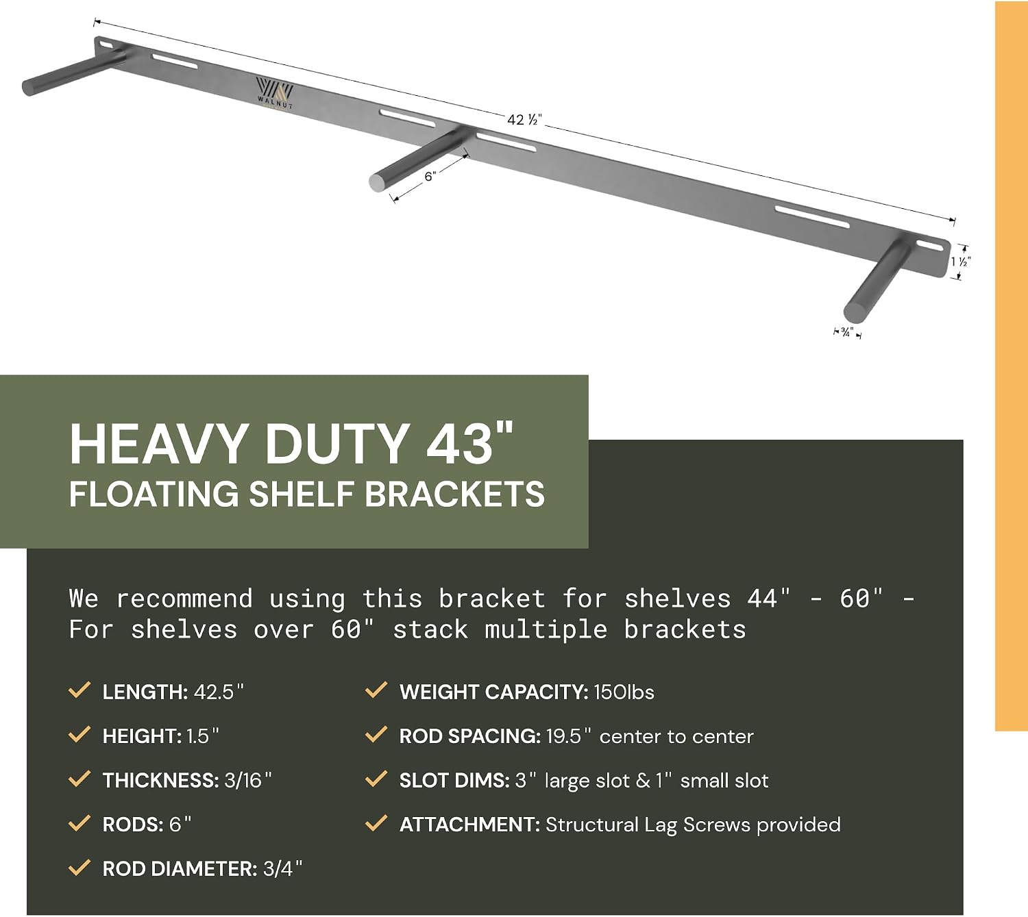Floating Shelf Bracket 2 Pack - 43” Hidden Shelf Brackets, 150 LB Weight Capacity, Supports Wall Mounted Floating Shelves of Any Length, 3/4 Inch Industrial Solid Steel Support Rods Walnut Wood Works