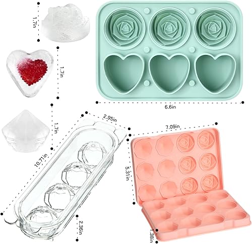 Miniatura 6 de Dandat 4 bandejas de cubitos de hielo de diamante para congelador, molde de cubo de hielo rosa, molde redondo para hacer bolas de hielo, molde de