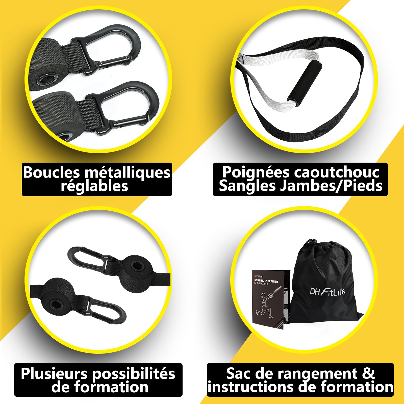 DH FitLife Sangle de Suspension pour tout le corps, Kit d'entraînement pour la musculation et l'entraînement à domicile, résistance corporelle pour la maison et les déplacements