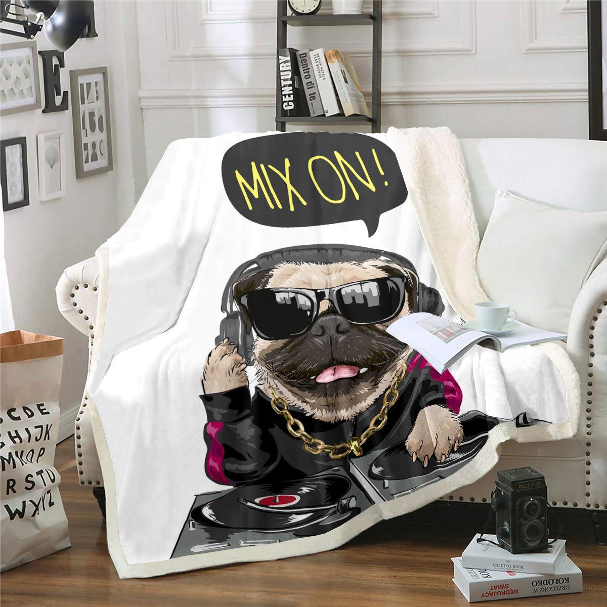Dj Pug Dog Coperta in peluche per musicisti rock, Sherpa, per bambini e ragazzi, musica hip hop, coperta musicale hipster fuzzy per divano letto, letto king size 200 x 220 cm