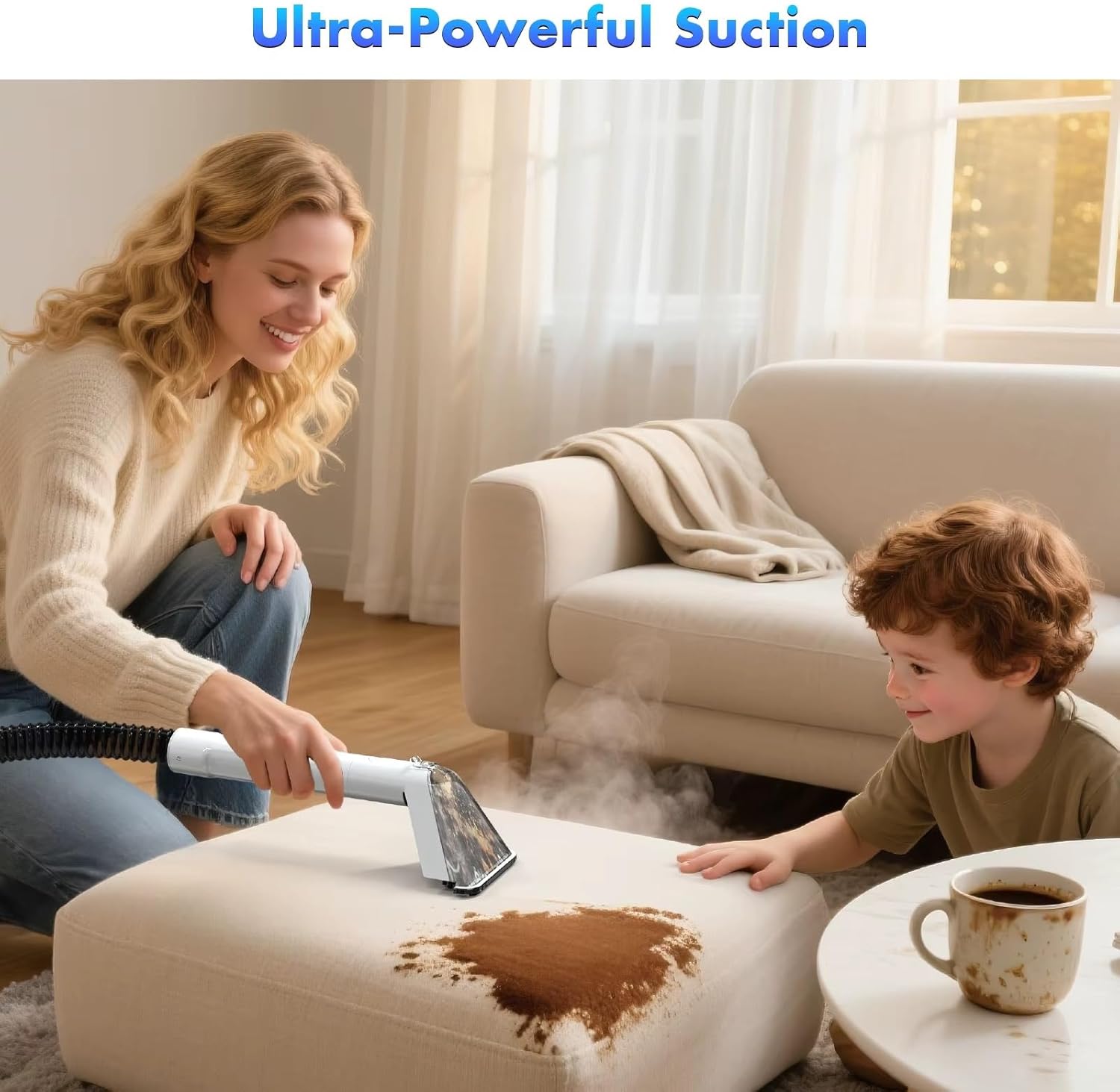 Portable Upholstery & Carpet Cleaner Machine, 15KPa Powerful Suction with Steam & Heating System, 4 Cleaning Modes, Handheld Shampooer for Sofa, Couch, Rug, Furniture, Car Seats & Pet Messes, White