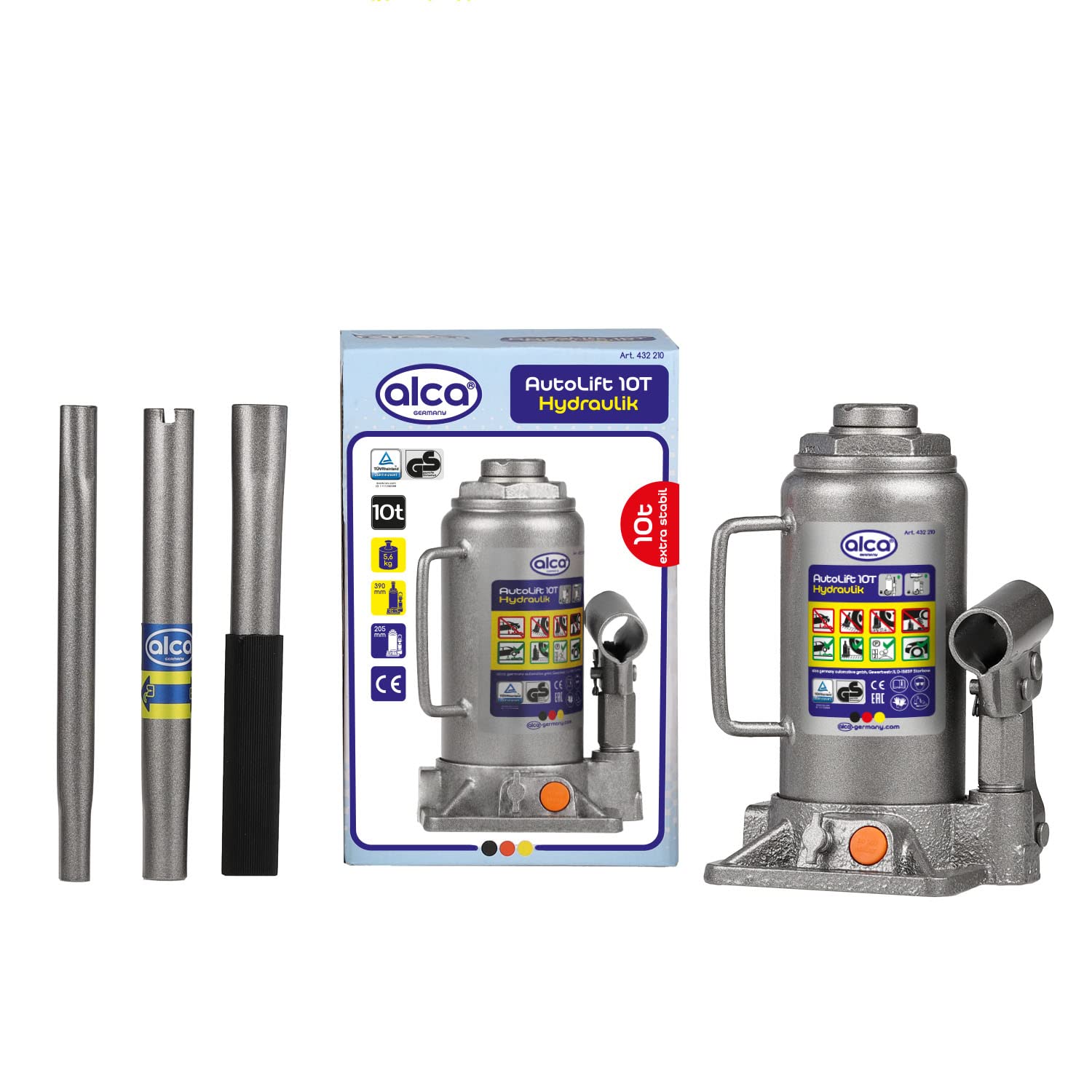 Cric hydraulique alca® t I Double Piston, certifié GS & TÜV, Hauteur de Levage 205-390 mm, Huile Rechargeable, cric - idéal pour SUV, camionnettes & Camping-Cars