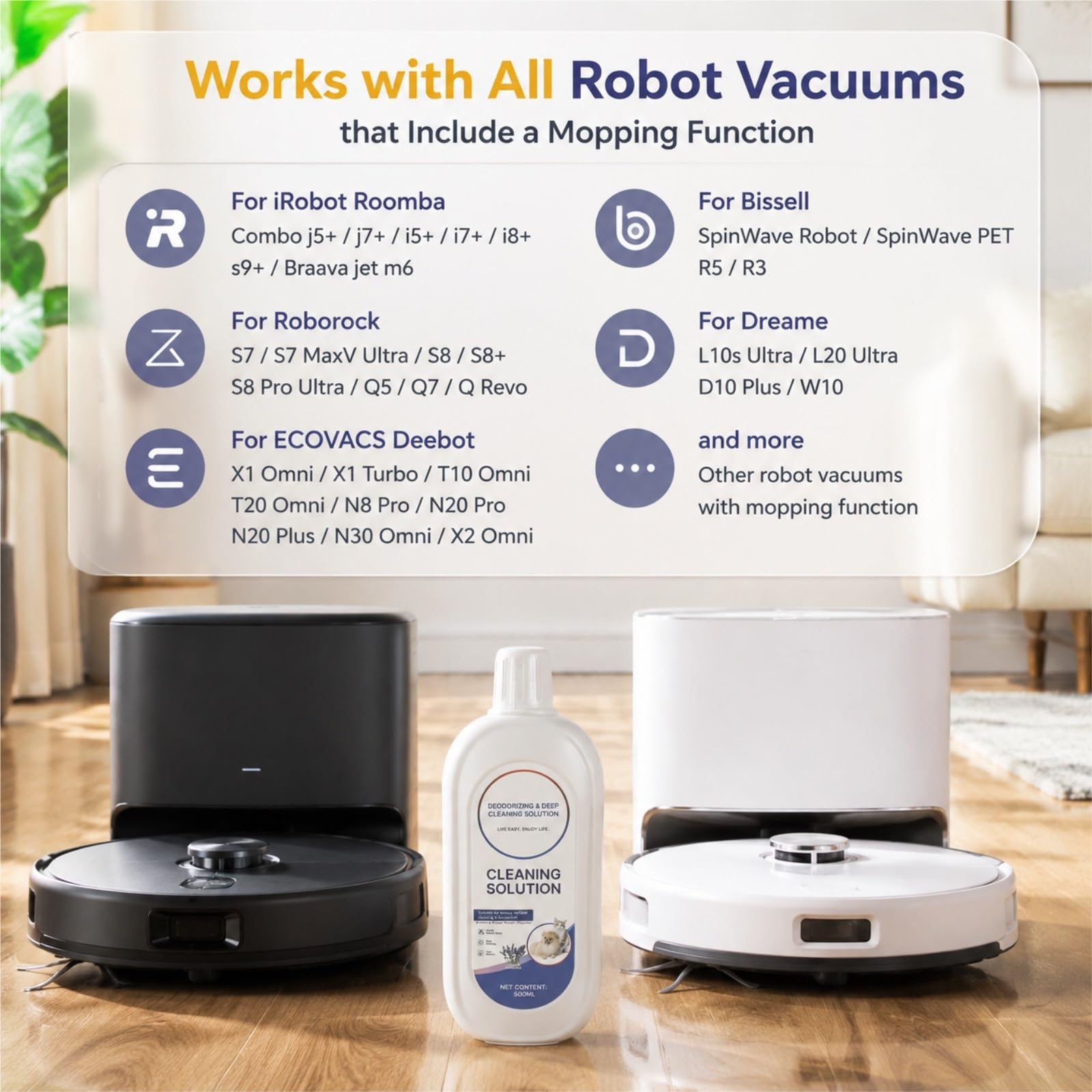 Limpiador for Pisos Duros, 500ML X 5, Aroma Lavanda, Eliminador Profundo de Olores, Fórmula Baja Espuma, Compatible con Tineco Robot Fregador/Aspiradora Wet Dry
