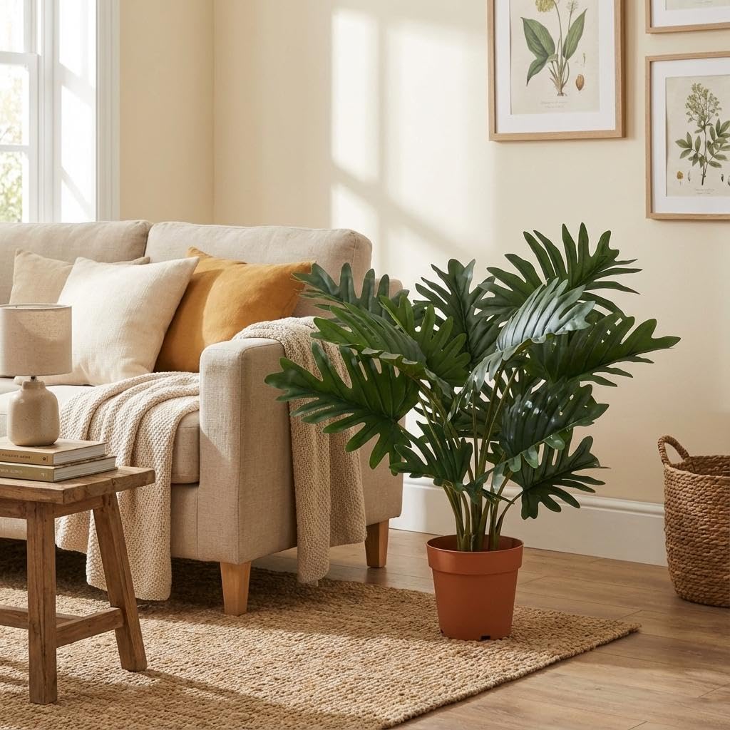 Philodendron Selloum sztuczna roślina 70 cm – duże liście dekoracyjna roślina – bez pielęgnacji roślina pokojowa do salonu, biura i na regał
