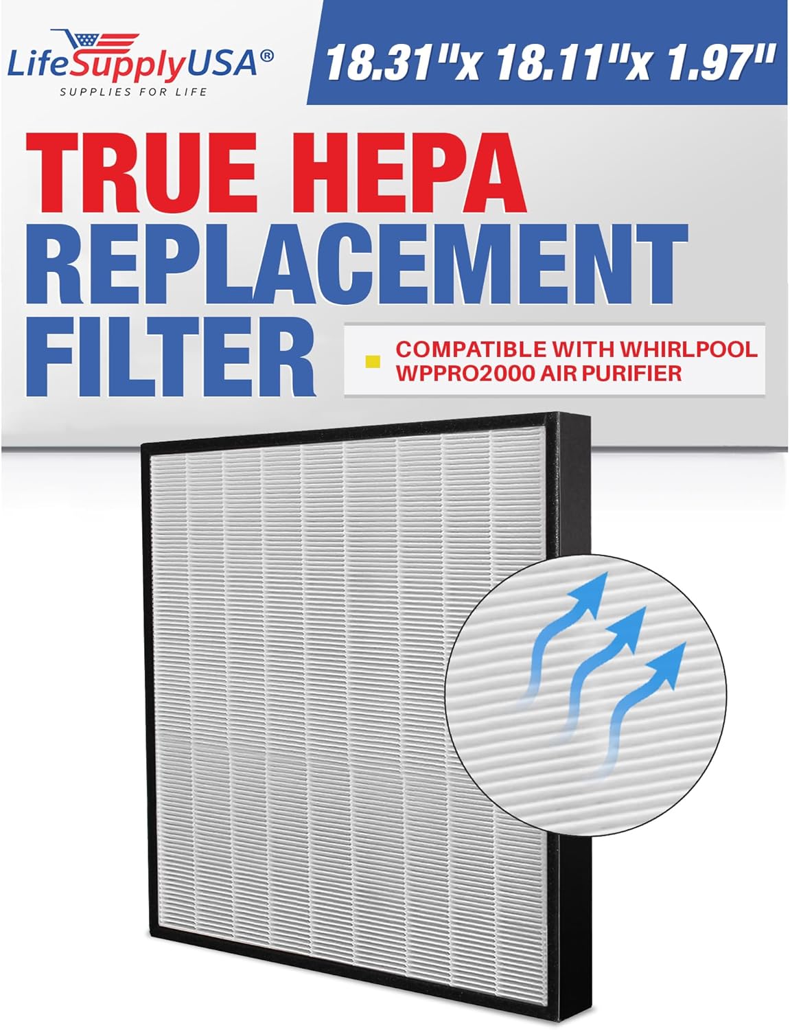 LifeSupplyUSA True HEPA Filter Replacement Compatible with Whirlpool WPPRO2000 Air Purifier 1-Pack