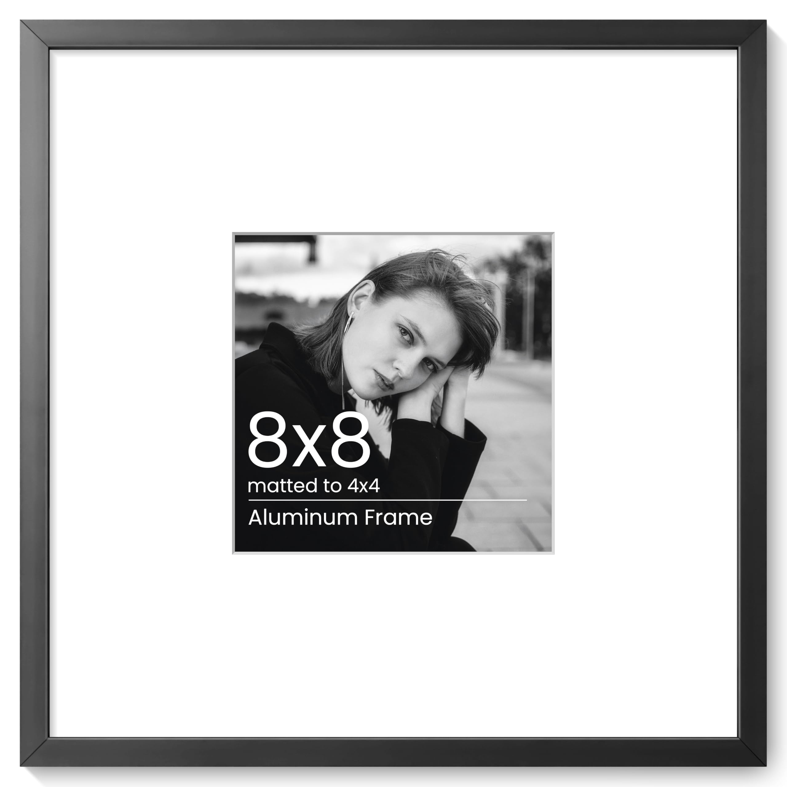 KovaScape 8x8 Aluminum Photo Frame - Modern Flat Metal Picture Frames with 4x4 Removable Mat and HD Glass - Versatile Wall & Tabletop Display for Gallery Art, Black