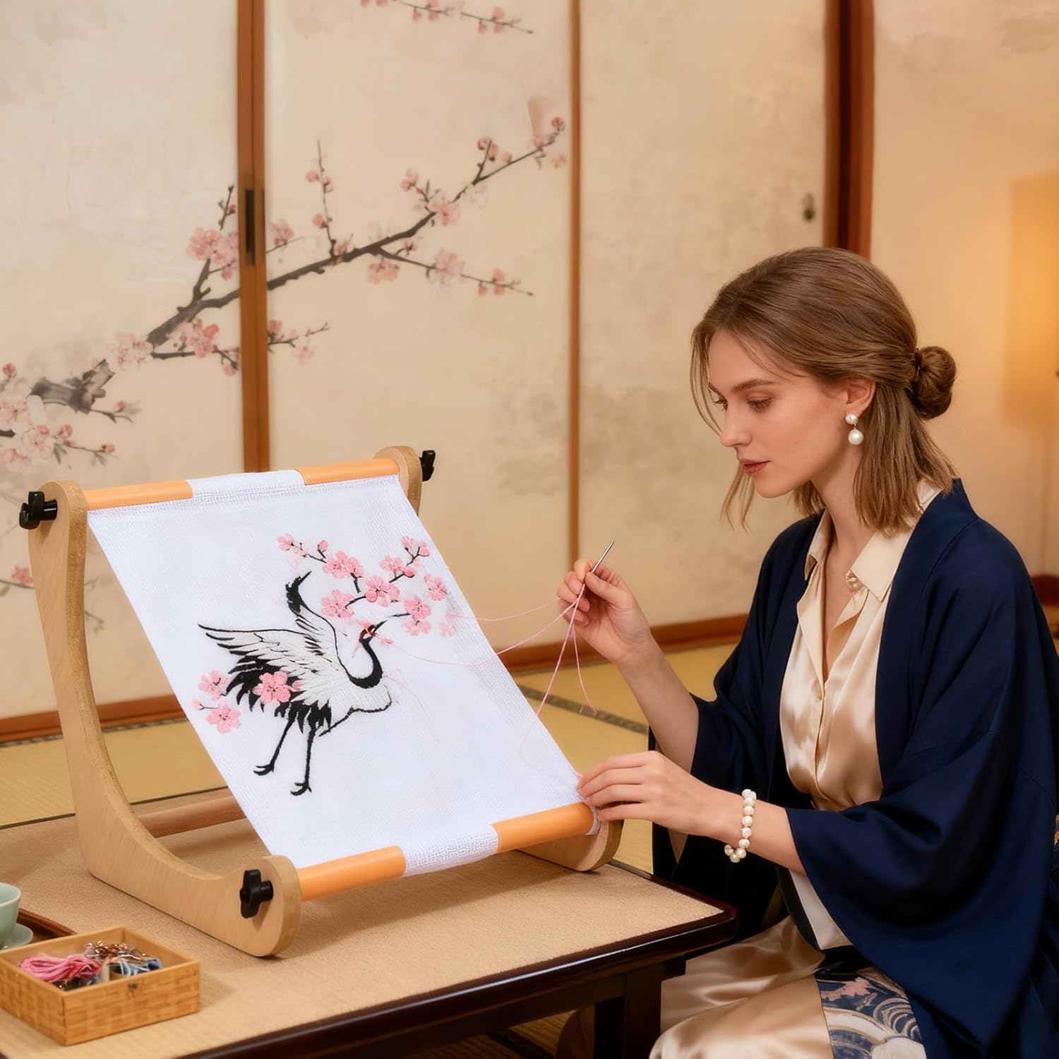 SUKUTU Adjustable Embroidery Hoop Holder, Wooden Embroidery Table Stand, Cross Stitch Hoop Stand for Lap or Table with 2 Sizes Rod