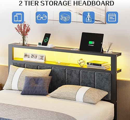 Miniatura 3 de Base de cama de plataforma de tamaño matrimonial con luces LED, estación de carga, cabecera tapizada gris con estantes de almacenamiento de 2