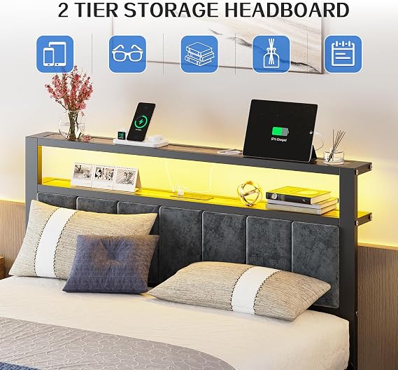 Full Size Platform Bed Frame with LED Light Charging Station Grey Upholstery Headboard with 2 Tier Storage Shelves
