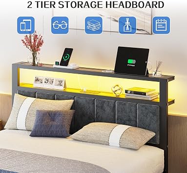 Full Size Platform Bed Frame with LED Light Charging Station Grey Upholstery Headboard with 2 Tier Storage Shelves