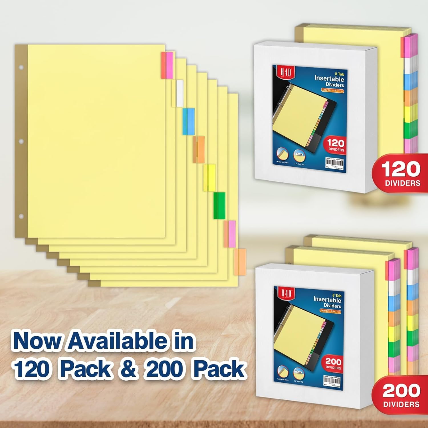 H4D 200 Pack Insertable Binder Dividers with 8 Tabs, Multicolor Tab Dividers for 3-Ring Binder, Gold-Reinforced Holes, Letter Size